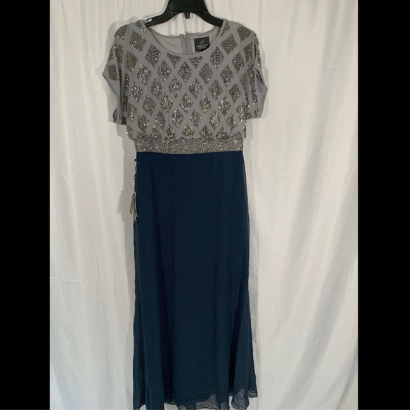 NWT Adrianna Papell‎ Beaded Colorblock Blouson Gown Silver Navy [SZ 6P ] #G497 - Picture 2 of 8